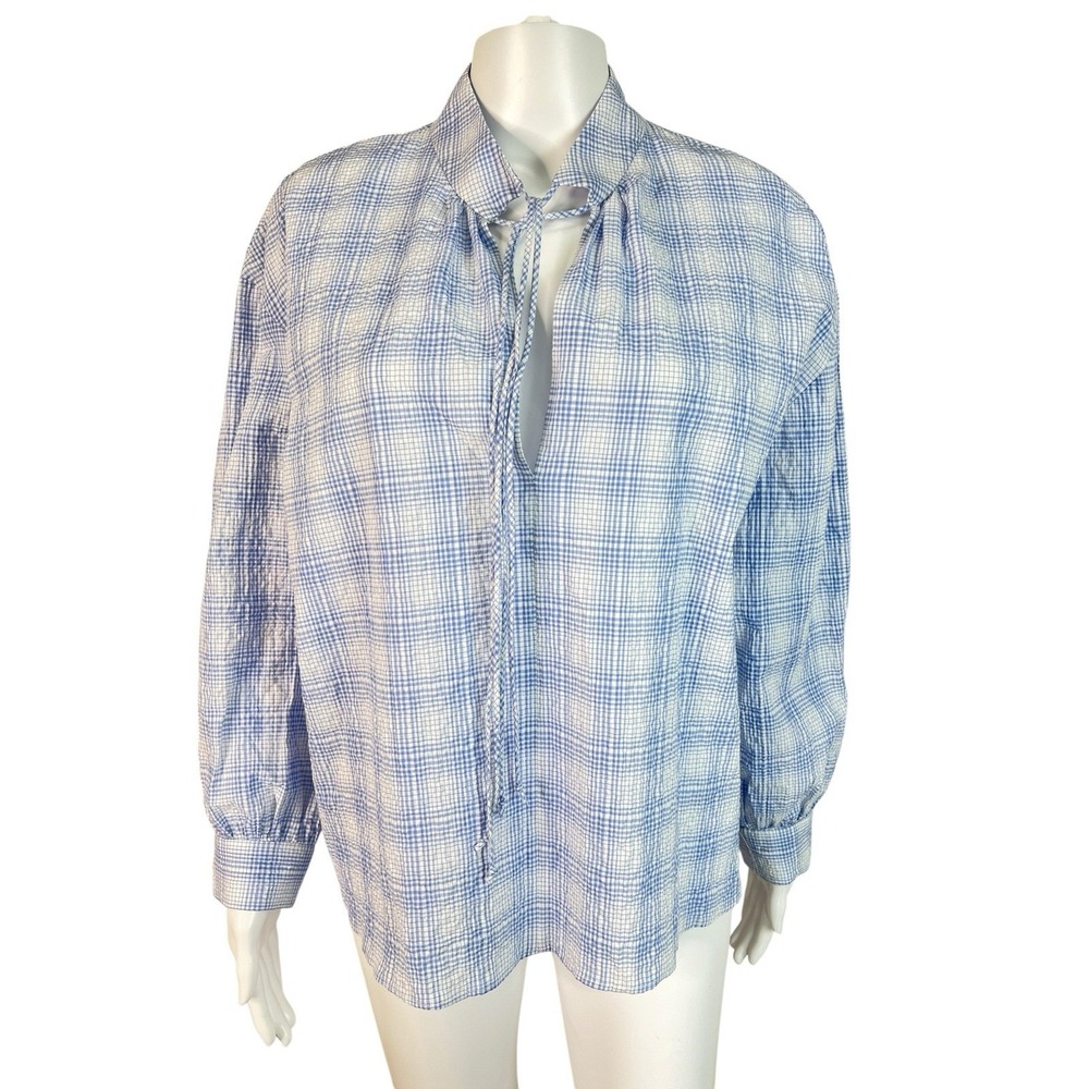 Zara Women's Small Blouse Top Blue White Plaid Tie Neck Long Sleeve Oversized